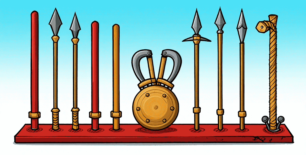 Eight traditional Okinawan weapons displayed on a wall