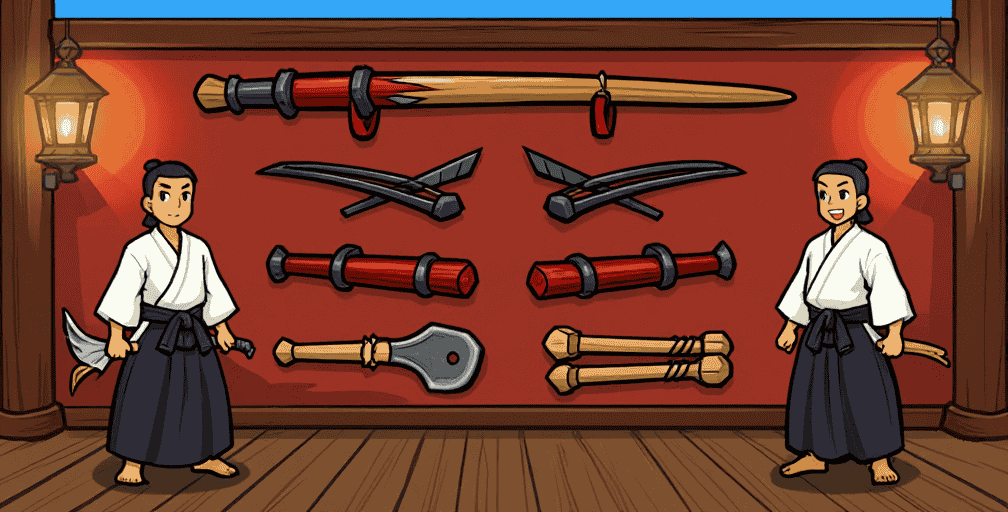 Traditional Okinawan kobudo weapons against a dojo background