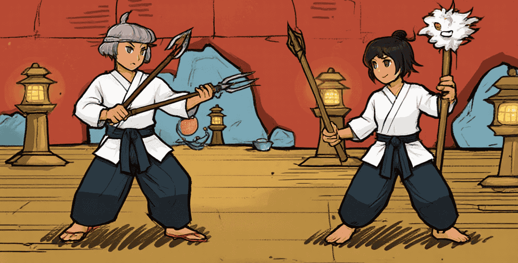 Illustration of kobudo practitioners demonstrating different weapons in a group setting