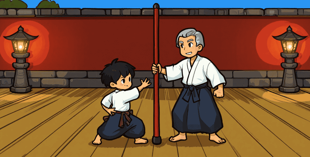 Illustration of teacher demonstrating kata to students